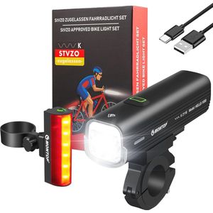Led-fietsverlichtingsset met Lithium-ion-accu | StVZO-goedgekeurde Fietsverlichting | Superheldere USB Oplaadbare Waterdichte Koplamp voor Mountainbike