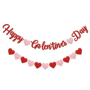 Valentijnsdag Slinger Valentijn Decoratie Feestversiering Liefde Hartjes Slingers Rood Happy Valentine - 2 Stuks