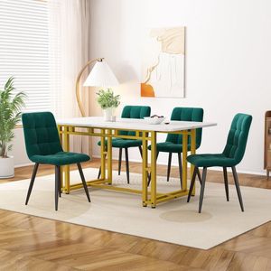 Merax Luxe Eetkamerset - Eettafel Set met 4 Fluwelen Eetkamerstoelen en Gouden Poten - Stoelen in Donkergroen met Zwart en Tafel in Wit met Goud