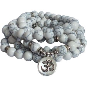 108 Kralen Witte Howliet  Ohm Mala Armband / Ketting  -  Vrouwen / Mannen - 8mm Steen - boeddhisme - Boeddha - Yoga - Meditatie - Buddha - Kralenketting - Rozenkrans - India  - Natuurlijke edelsteen wit