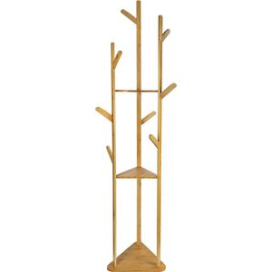 QUVIO Staande kapstok - Met 3 Legplanken - 9 haken - Boomdesign - Garderoberek - Scandinavisch - Decoratie kapstok - Hout - Lichtbruin - 32,5 x 36 x 164 cm