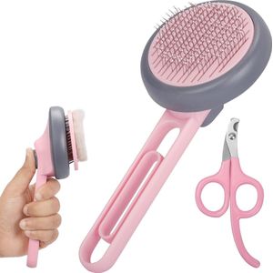 Belle Vous Pink Pet Grooming Set - Self-Cleaning Shedding Brush and Nail Clippers for Long/Short-Haired Cats & Dogs - Removes Loose Undercoat/Tangles