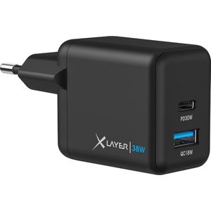 XLayer - Wandlader / Oplader - Dual Powercharger 38W USB-C PD - Adapter / Oplader Geschikt Voor Apple Iphone & Samsung - Zwart