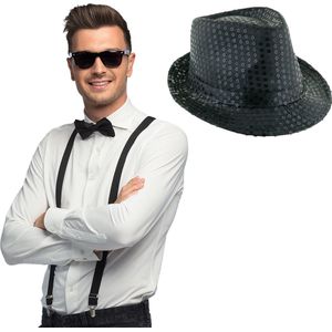 Toppers - Carnaval verkleedset Supercool - hoedje/bretels/bril/strikje - zwart - heren/dames - glimmend - verkleedkleding accessoires