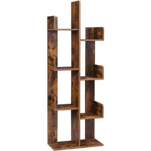 Vormige boomvormige boekenplank, staande plank met 8 vakken, opbergrek, met afgeronde hoeken, vintage bruin
