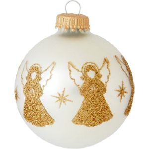 Zilveren Kerstballen met Gouden Glitter Engeltjes - doosje van 4 kerstballen van 7 cm