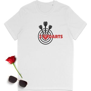 Dart t-shirt - I love darts tshirt - T shirt voor darters - Vrouwen Mannen t-shirt - Heren Dames tshirt met print opdruk - Unisex maten: S M L XL XXL XXXL - t Shirt kleur: Wit.