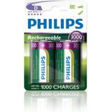 2 Stuks in Blister - Philips MultiLife 1.2V D / HR20 3000mAh NiMh oplaadbare batterij