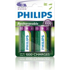 2 Stuks in Blister - Philips MultiLife 1.2V D / HR20 3000mAh NiMh oplaadbare batterij