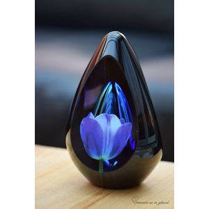 Urn voor crematie-as-Urn Premium Design Glas met afbeelding van een bloem/Tulp-Urn met afbeelding dmv.hoge kwaliteit foto sign folie-Urn voor Deelbestemming-Urn Glas-60ml inhoud-Premium collectie-Transparant ton sur ton blauwe askamer