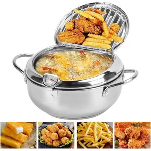 Japanse Tempura Frituurpan | Met Thermometer Deksel en Afdruiprek | Roestvrij Staal | Friet Garnalen | Zilver 20 cm