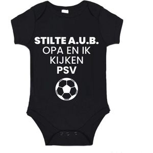 Soft Touch Rompertje (zwart) met witte Tekst - Stilte AUB, opa en ik kijken PSV met bal | Baby rompertje met leuke tekst | | kraamcadeau | 0 tot 3 maanden | GRATIS verzending