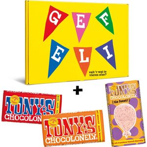 Tony's Chocolonely Verjaardagscadeau Chocolade Geschenkdoos Gefeliciteerd T is feest! - Melk & Witte Chocoladerepen - Verjaardag Cadeau voor Man en Vrouw - Faitrade Chocolade - 3 x 180 gram Geschenkset