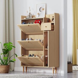 Merax Schoenenkast Hout – 3 Klapdeuren en Lade – 90x125x17 cm – Rattan Bruin