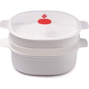 Stoomkoker voor de magnetron met 2 kookcontainers, 4 l, stoompan met zeefinzet voor magnetron 26,5 x 22 x 13,5 cm, kleur wit en rood