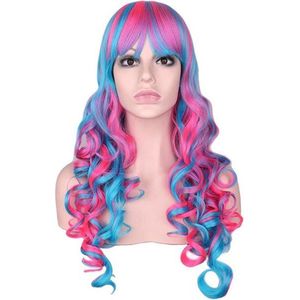 KIMU Luxe Lange Pruik Roze Blauw met Krullen en Pony - Gekleurde Unicorn Eenhoorn Zeemeermin Candy Lollipop Festival