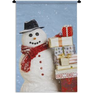 Wandkleed Kerst - Een sneeuwpop met kerstcadeautjes Wandkleed katoen 120x180 cm - Wandtapijt met foto XXL / Groot formaat!