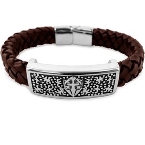 Frank 1967 - 7FB-0020 - Leren armband - met stalen elementen - 21 cm - Bruin - Schild