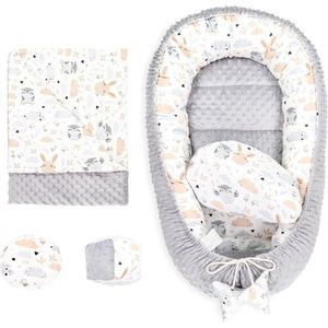Babynestje - Babynest - Bedbumper - Pasgeboren 90x50 cm Minky - Knuffelnest babynest 5-delige cocon met uil Lichtgrijs