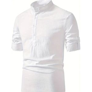 Livano Linnen Blouse Heren - t shirt - Polo - Overhemd - Shirt - Zomer - Ibiza Stijl - Wit - Maat XXL