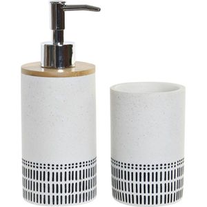 Badkamerset met zeeppompje en tandenborstel beker wit steen 19 cm - Navulbare zeep houder - Toilet/badkamer accessoires
