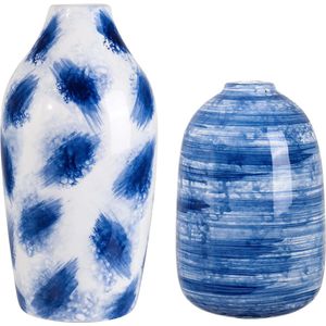 Set van 2 keramische bloemenvazen, 22/18 cm blauwe vazen ​​met handbeschilderd effect voor woonkamer, keuken, tafel, huis, kantoor, bruiloft