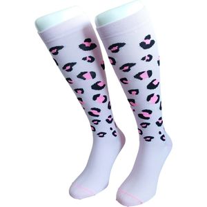 WeirdoSox - Compressie sokken - Knie hoogte - Steunkousen voor vrouwen en mannen - 1 paar - Licht Roze Panterprint 35/38 - Ideaal als compressiekousen hardlopen - compressiekousen vliegtuig