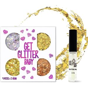 GetGlitterBaby® - Glitter Set Chunky Festival Glitters voor Lichaam en Gezicht Glitterset Tattoo / Face Body Glitterlijm Set / Gel Glittergel - 4 Potjes - en Glitter Lijm HuidLijm Zilver / Oranje / Goud
