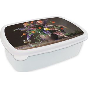 Broodtrommel Wit - Lunchbox - Brooddoos - Stilleven - Wijn - Bloemen - 18x12x6 cm - Volwassenen