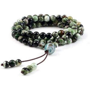Marama - Mala armband edelsteen Agaat - elastisch - ketting - damesarmband - 108 kralen - groen - zwart