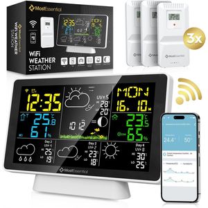 MostEssential Weerstation Wifi Edition - Draadloos Weerstation met Buitensensor - Hygrometer - Binnen en Buiten - 150 Meter Bereik - Inclusief App - Wit - 3 sensors