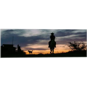 WallClassics - Vlag - Silhouette van een Cowboy bij Zonsondergang - 60x20 cm Foto op Polyester Vlag