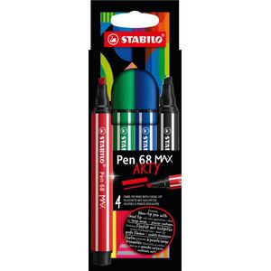 STABILO Pen 68 MAX - ARTY – Premium Viltstift Met Dikke Beitelpunt - Etui Met 4 Stuks – Met 4 Verschillende Kleuren