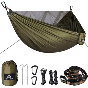 Travel Bug Net Camping Hangmat | 300kg Draagvermogen, (290 x 140 cm) Ademend, Sneldrogend Parachute Nylon | 4 x Premium Karabijnhaken, 3 x Nylon Slings, 2 guyline touwen, 2 geslepen nagels inbegrepen