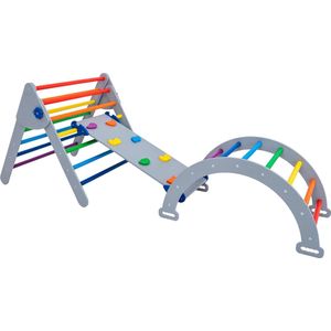 Wood and Hearts Montessori houten speeltoestel voor kinderen - triangle verstelbaar Pikler met klimwand, glijbaan en klimboog - licht grijs met regenboog kleur