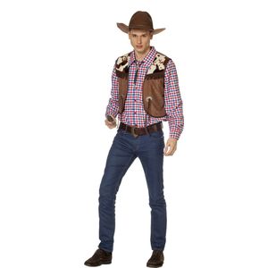 Wilbers & Wilbers - Cowboy & Cowgirl Kostuum - Alleen Op De Prairie Cowboy Blouse Met Vest Man - Bruin, Multicolor - Maat 50 - Carnavalskleding - Verkleedkleding