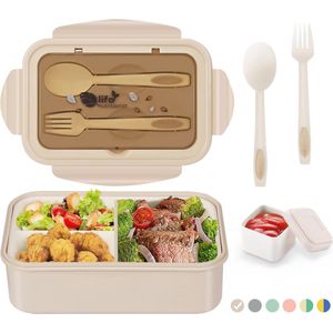 Lunchbox voor volwassenen en kinderen - 1400 ml met 3 vakken en bestek - Geschikt voor magnetron en vaatwasser - Ideaal voor school, werk, picknick en op reis