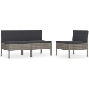vidaXL Tuinstoelen set van 3 met kussens - Grijs Tuinmeubels - PE-rattan Meubilair - Buitenzitten - Lounge Stoel - Tuinset