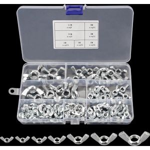 Vleugelmoeren assortiment kit - roestvrij staal - M3 M4 M5 M6 M8 M10 M12 - hardgereedschap - vlindervleugelschroeven - 100 stuks zilver .