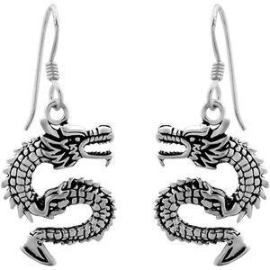 Zilveren oorbellen | Hangers | Zilveren oorhangers, Chinese draak met bewerkte en geoxideerde delen