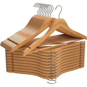 Houten kleerhangers met ronde broek bar & schouder groeven - 360 graden draaibare haak, duurzaam en slank Hangers voor jas, pak, broek, jas (Natuurlijke afwerking, set van 20)