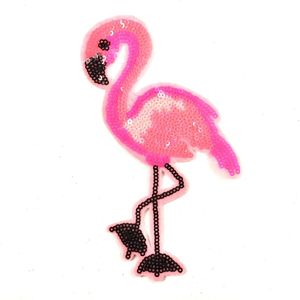 Flamingo Paillette Strijk Embleem Patch Small 8.4 cm / 14.2 cm / Roze Zwart