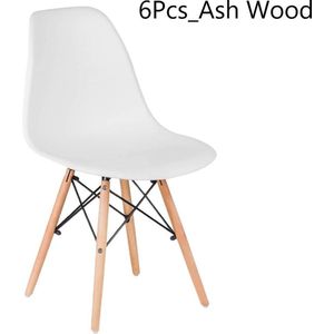 Eetkamerstoel - Shell Chair - Essenhouten Bijzetstoel - Poten met Metaal - Kunststof Stoelen voor Woonkamer Keuken - 6 Stuks Wit
