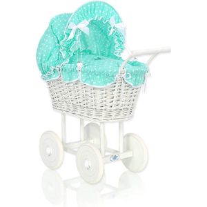 Rieten poppenwagen met mint beddengoed en vulling - wit