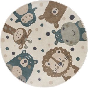 Flycarpets Adventures Kinderkleed Rond vloerkleed - Dieren Party - Crème / Bruin / Blauw - 100x100 cm