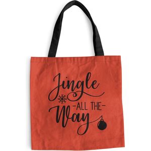 MuchoWow® Schoudertas - Strandtas - Big Shopper - Boodschappentas - Kerst quote ""Jingle all the way"" tegen een rode achtergrond - 45x45 cm - Katoenen tas