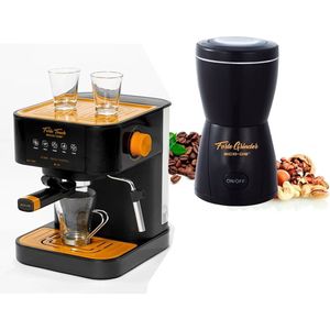 Eco-de Espressomachine met koffiegrinder - Espresso apparaat met koffiemolen - Bonenmaler - Piston - Koffiezetapparaat - Melkopschuimer - Zwart/oranje