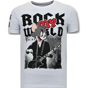 Stoere T-Shirt Heren - Rock My World Cat - Wit