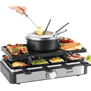 2-in-1 elektrische raclettegrill en fondueset - 1.3L Dompelpot kookgrill - instelbare temperatuurregeling - 8 grillpannen met antiaanbaklaag - houten spatels - zwart 1400 W fondue set