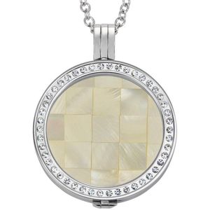 Quiges - Munthouder met Ketting en Munt 33mm Schelp Blokjes Beige - RVS Zilverkleurig met Zirkonia - ERHS093